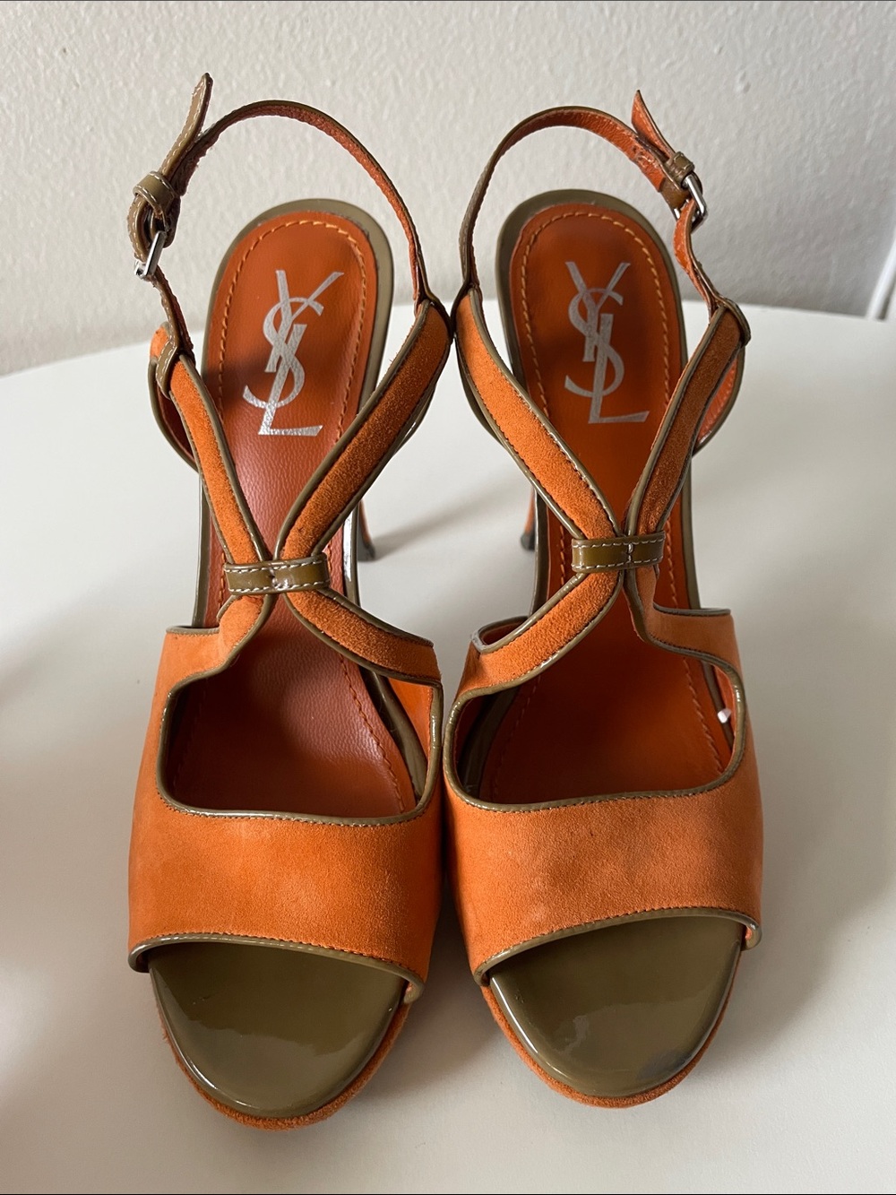 Yves Saint Laurent Size 38 Orange Suede Slingback Heels Made In Italy‎